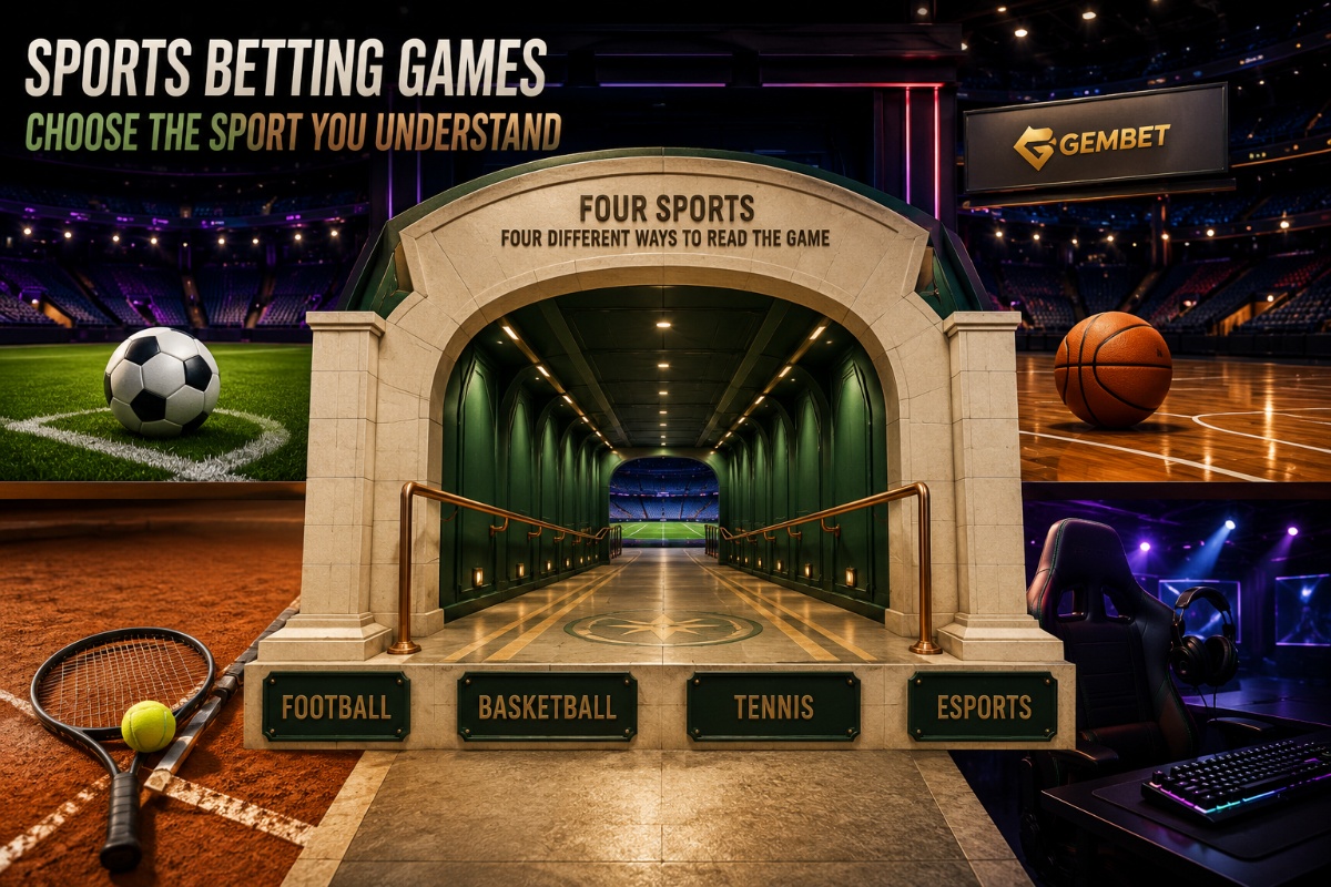 Sports betting games represented by football, basketball, tennis and esports equipment inside one premium arena