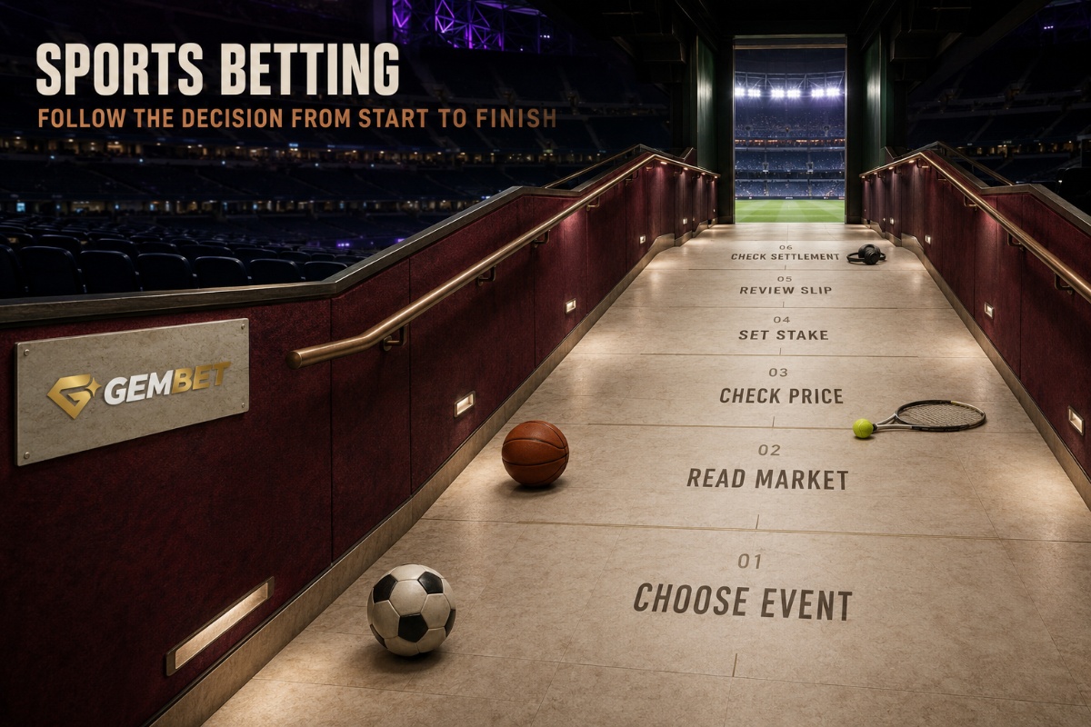 Sports betting journey from fixture selection and market review to bet confirmation and settlement