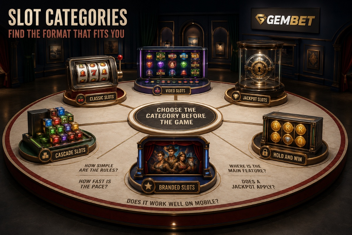 Slot categories represented by classic reels, video slots, jackpots, cascading games, hold-and-win features and branded themes