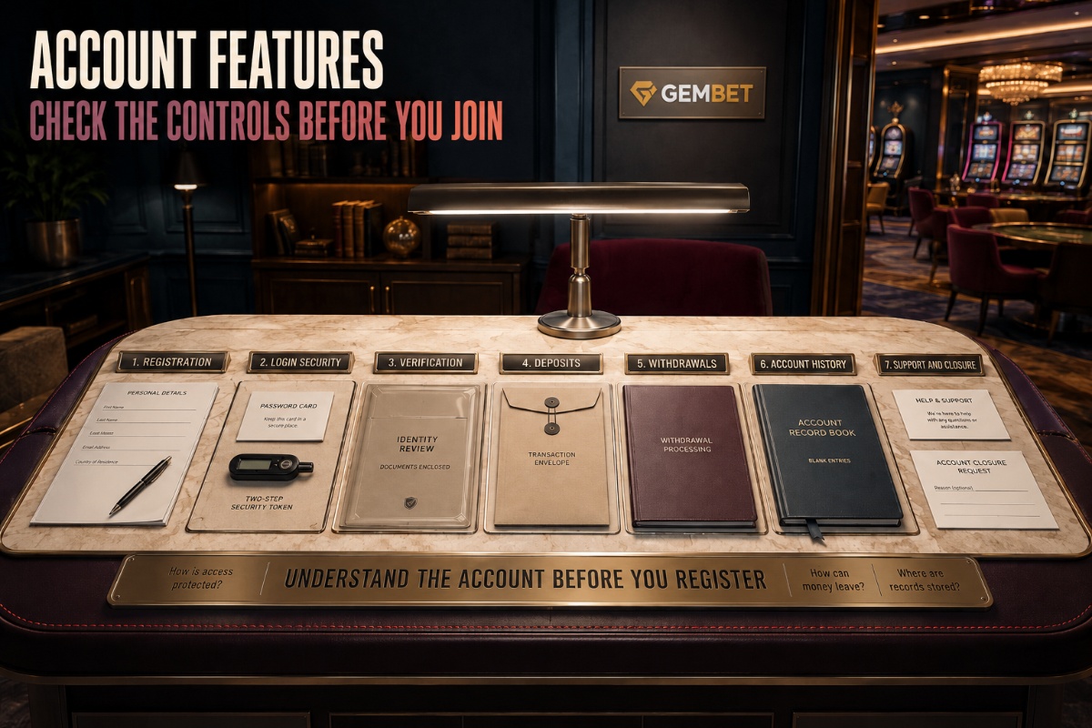 Account features reviewed for registration, security, verification, payments, records, support and account control