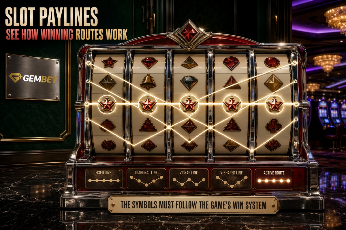 Slot paylines illustrated across five casino reels with straight, diagonal and zigzag winning routes