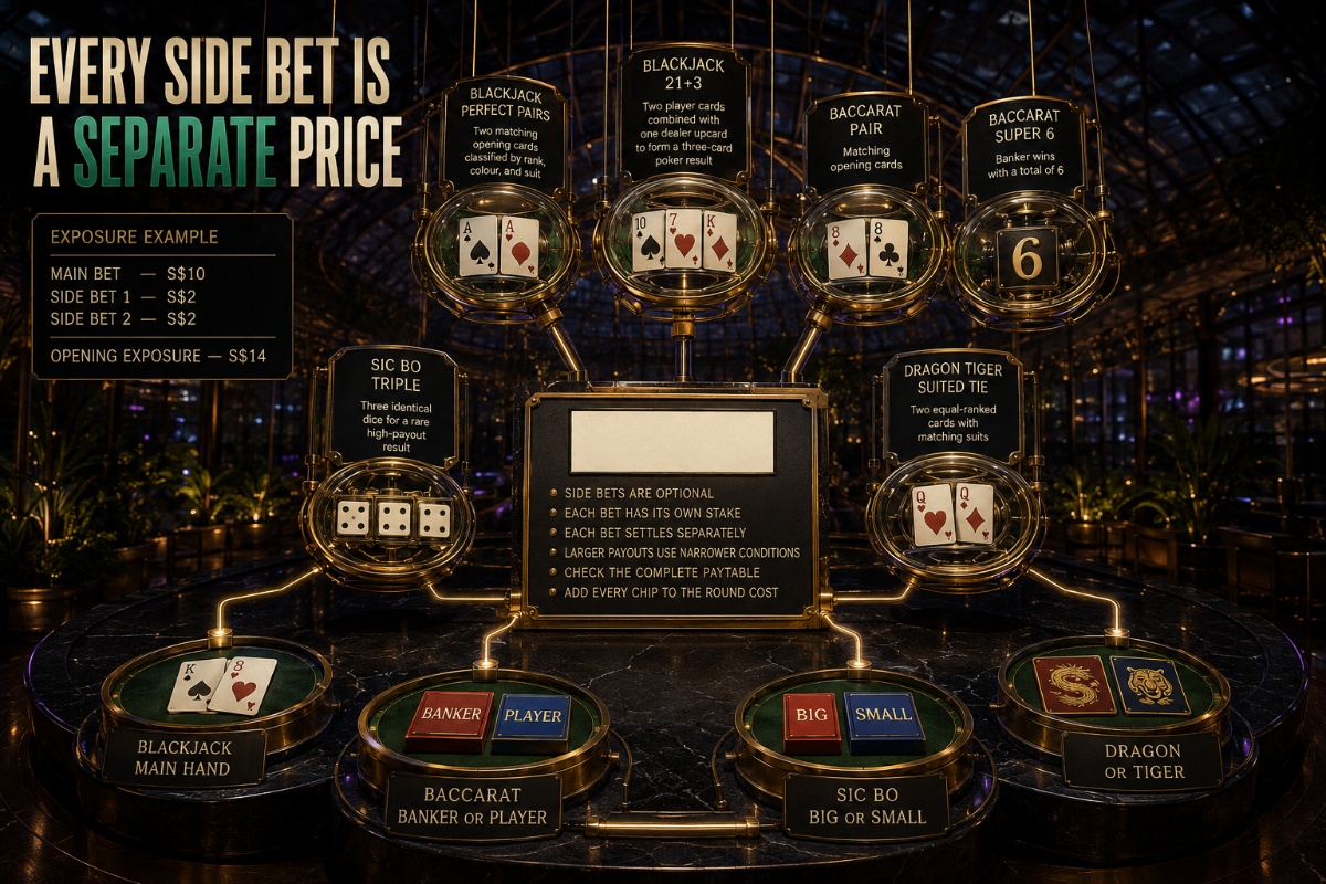 Casino side bets explained through repeated chip costs and separate settlements
