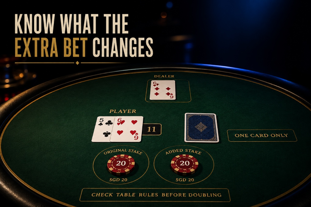 Blackjack double down stake example showing SGD 20 plus SGD 20 for SGD 40 total at risk