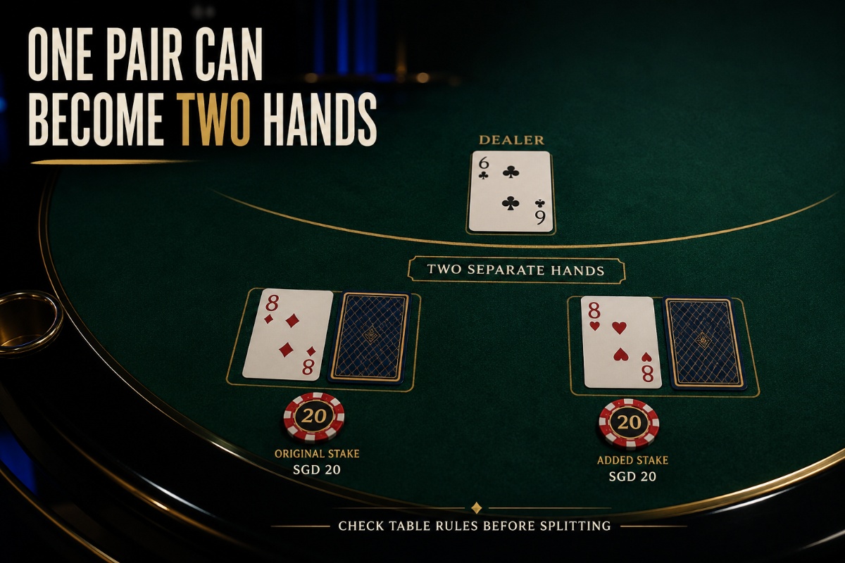 Blackjack split aces example highlighting table-specific resplit, additional-card and payout rules