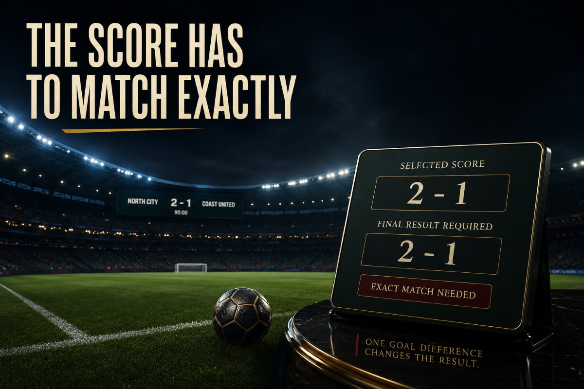 Correct score betting example showing a fictional 2-1 football score prediction and exact-result requirement