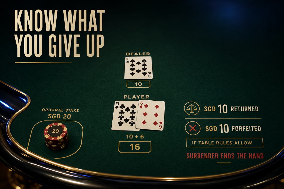 Blackjack surrender example showing a qualifying hand, dealer upcard and half-stake return