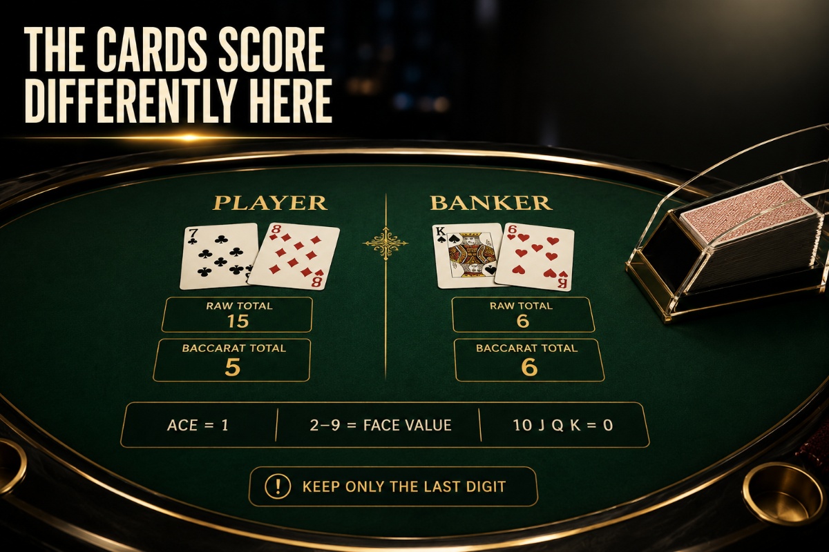Baccarat card values example showing Player and Banker hands with last-digit scoring