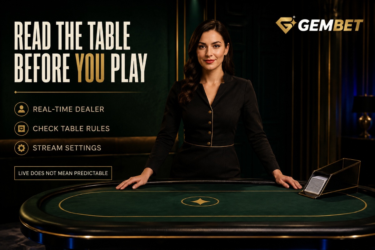 Gembet live casino guide showing a fictional real-time dealer table with rules and stream checks