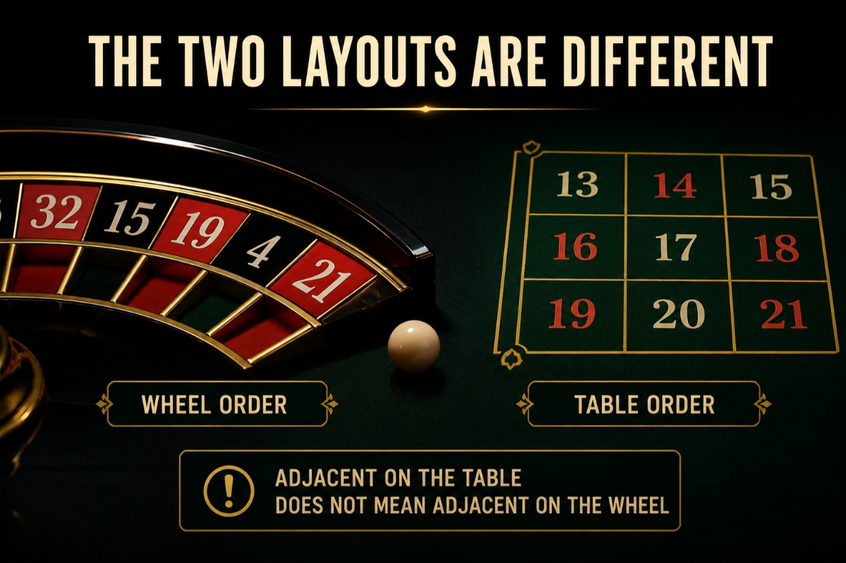 Roulette wheel numbers comparison showing circular wheel order versus rectangular betting-table order