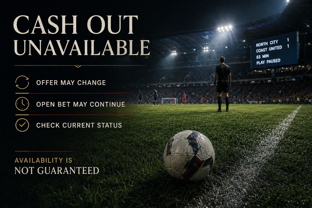 Cash Out Unavailable during a paused fictional football match with an active sports wager