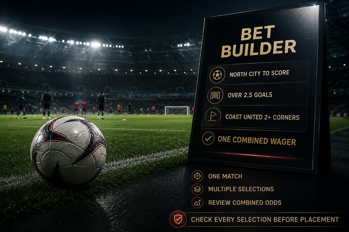 Bet Builder guide showing multiple fictional football selections combined into one same match wager