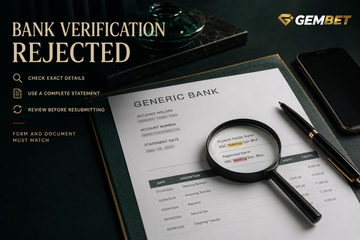 Bank Verification Rejected guide showing a bank statement being checked for verification errors