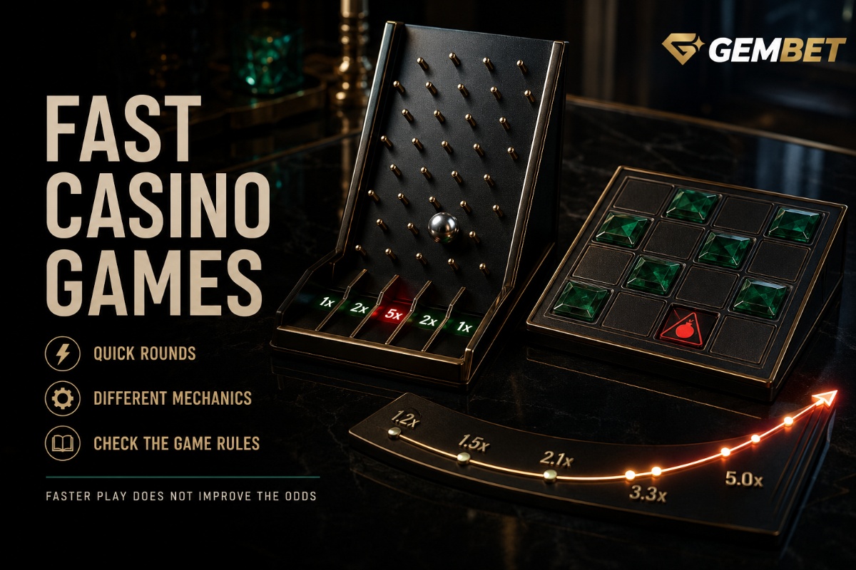Fast Casino Games guide showing quick-play multiplier, grid and falling-ball game mechanics