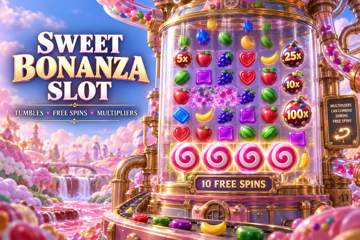 Sweet Bonanza Slot guide showing Tumble feature and free spins multiplier