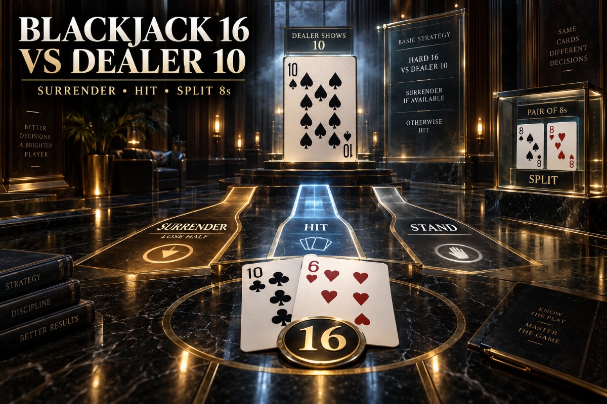 Blackjack 16 vs dealer 10 guide showing hit surrender and split decisions