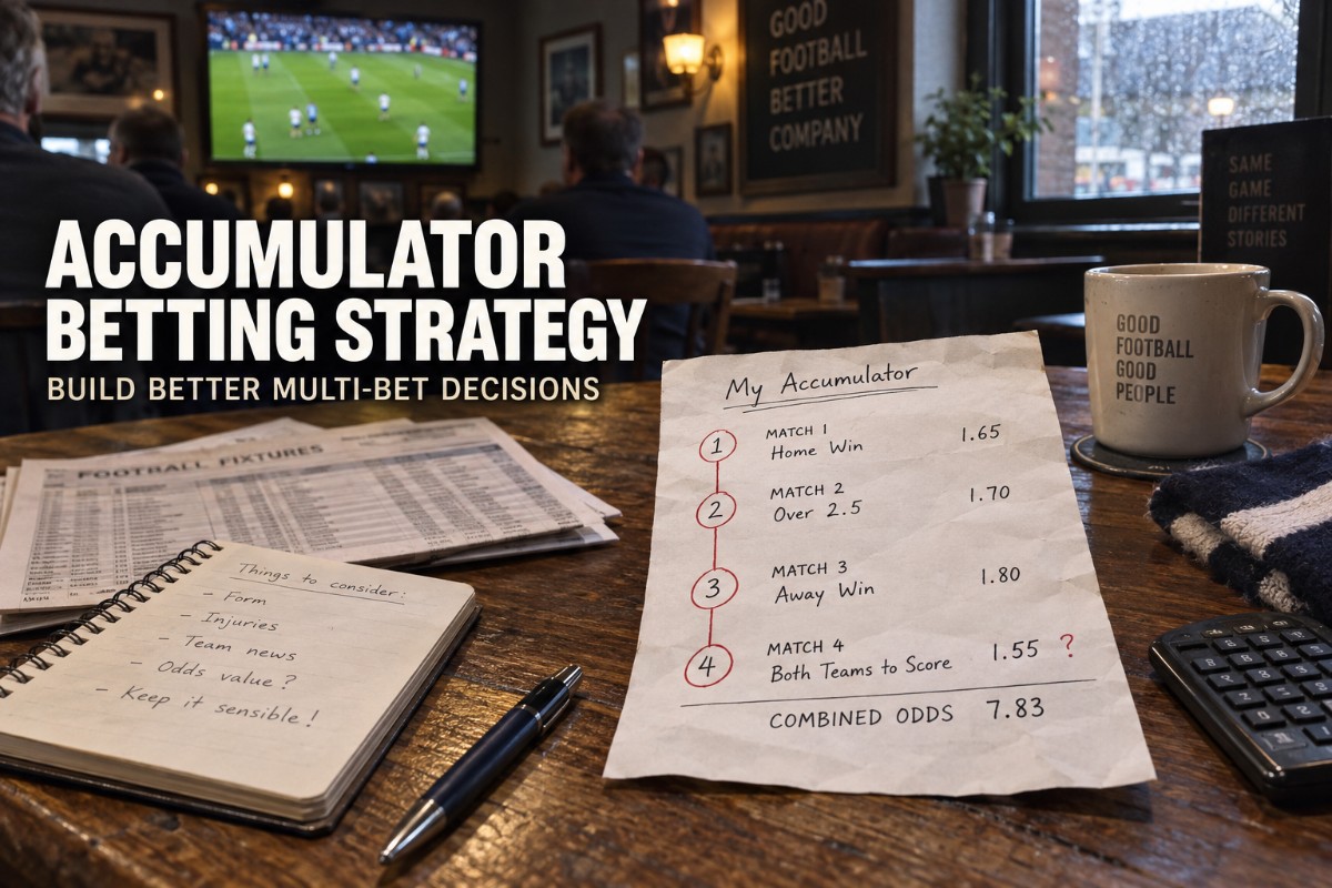 Accumulator betting strategy showing realistic football selections combined into one multiple bet