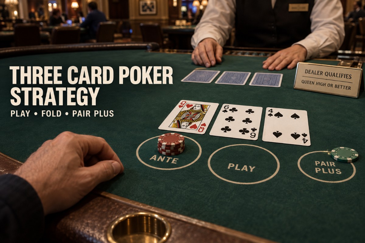 Three card poker strategy showing realistic three-card hand, Ante and Play wagers and dealer qualification