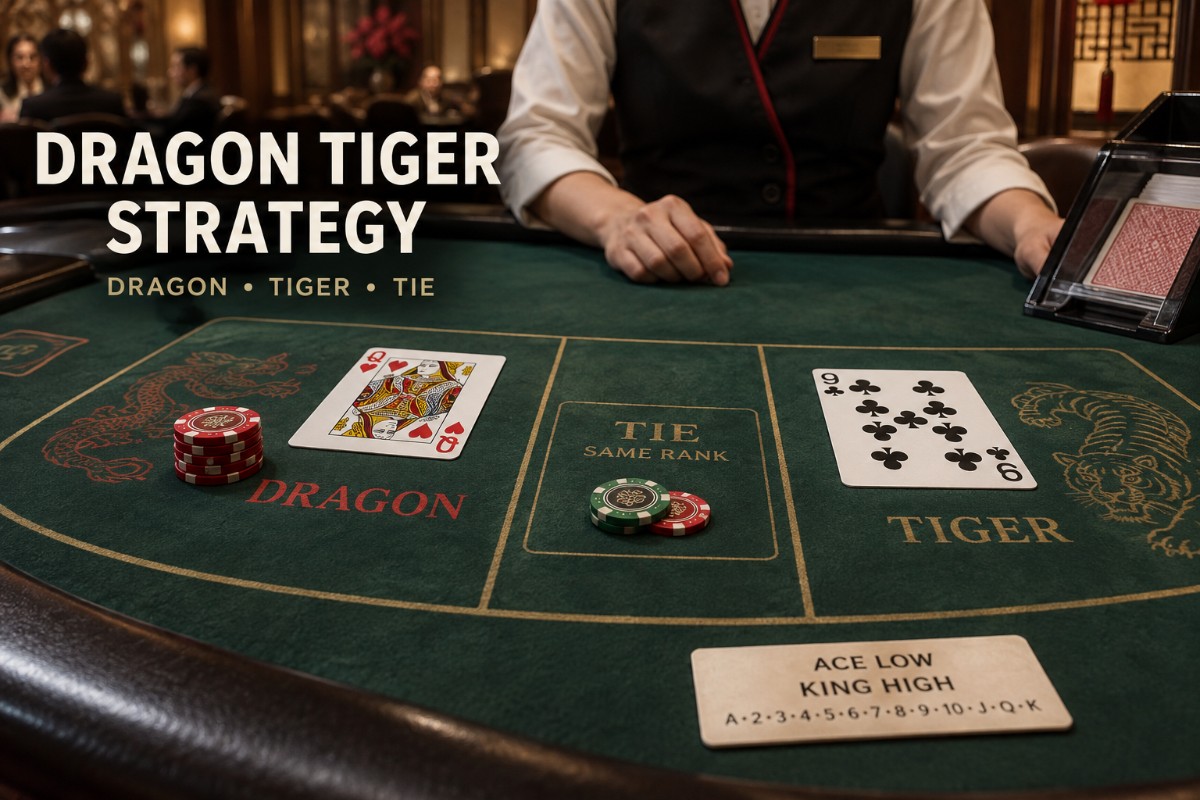 Dragon Tiger strategy showing realistic Dragon and Tiger cards with main and tie betting areas