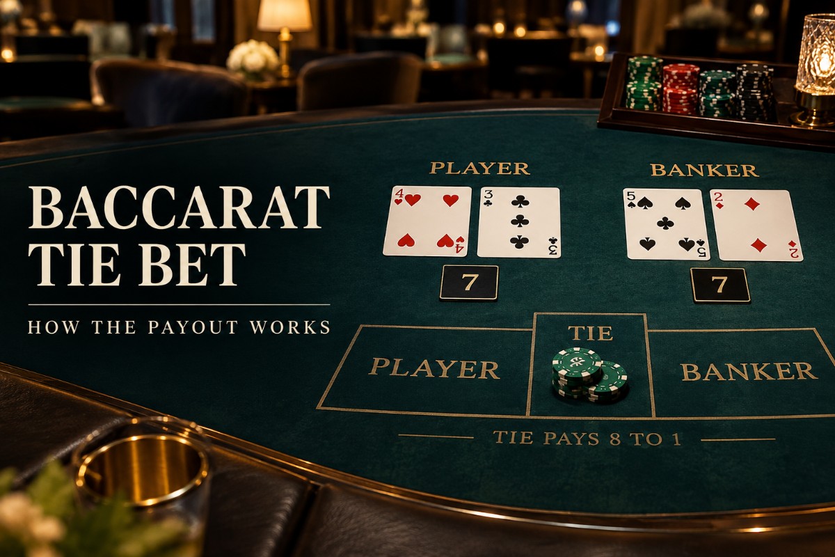Baccarat tie bet guide showing Player and Banker hands with an equal final total