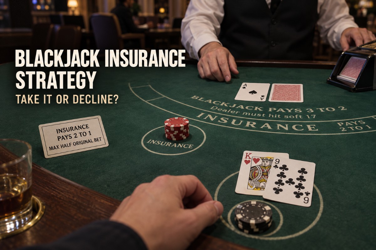 Blackjack insurance strategy showing realistic dealer Ace, insurance area and blackjack side wager