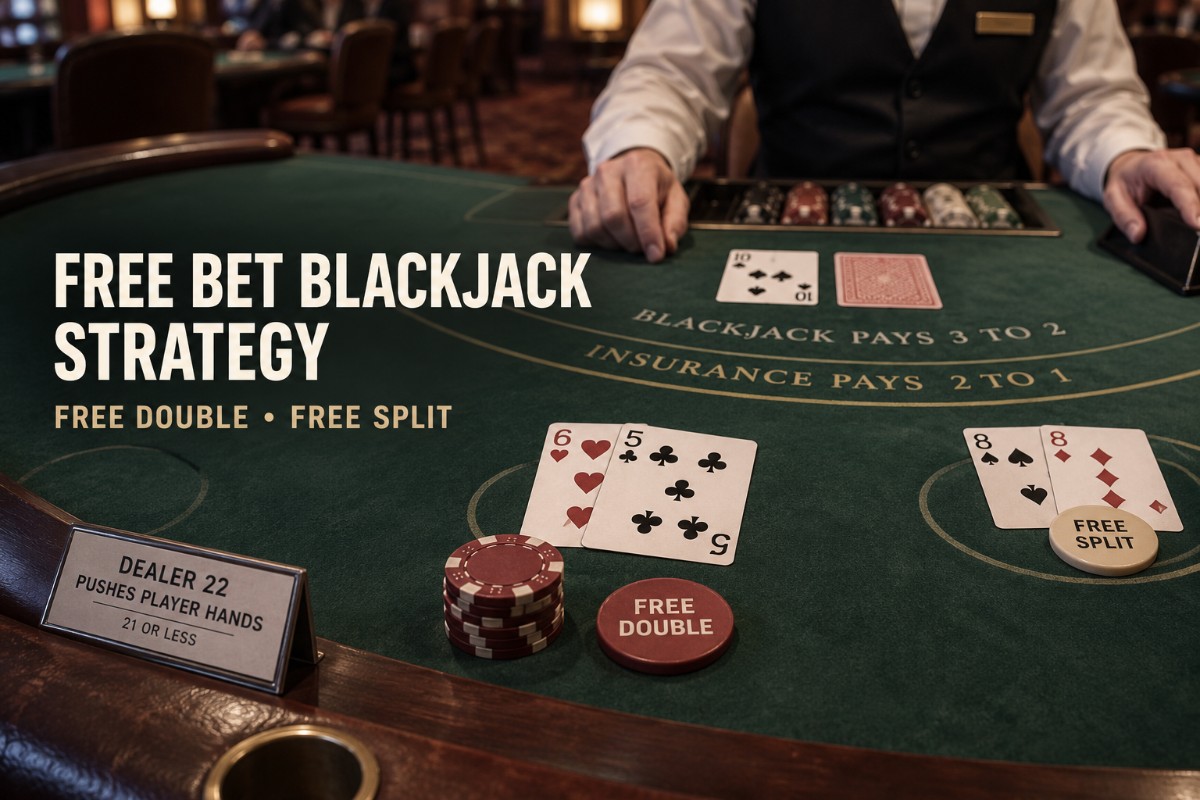 Free Bet Blackjack strategy showing realistic free double, free split and dealer 22 rule at a blackjack table