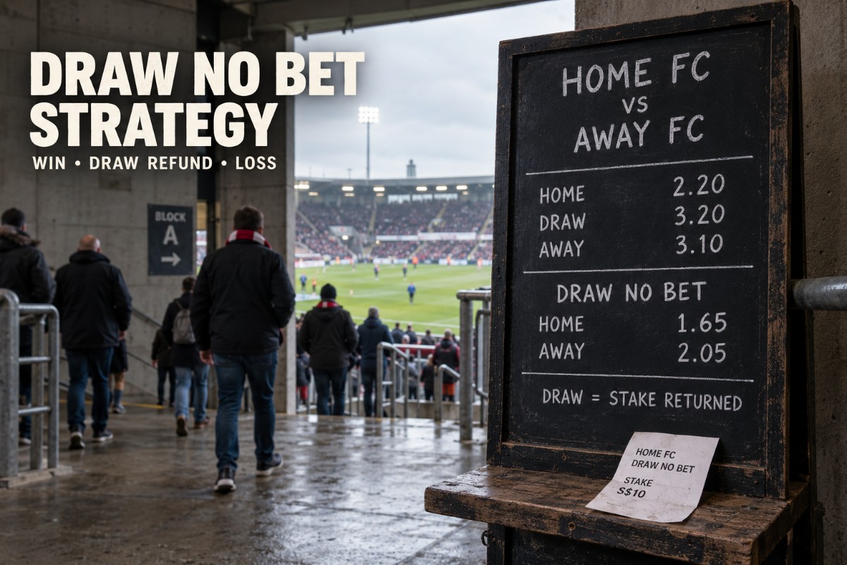 Draw no bet strategy shown with a realistic football fixture board and refund-on-draw betting choice