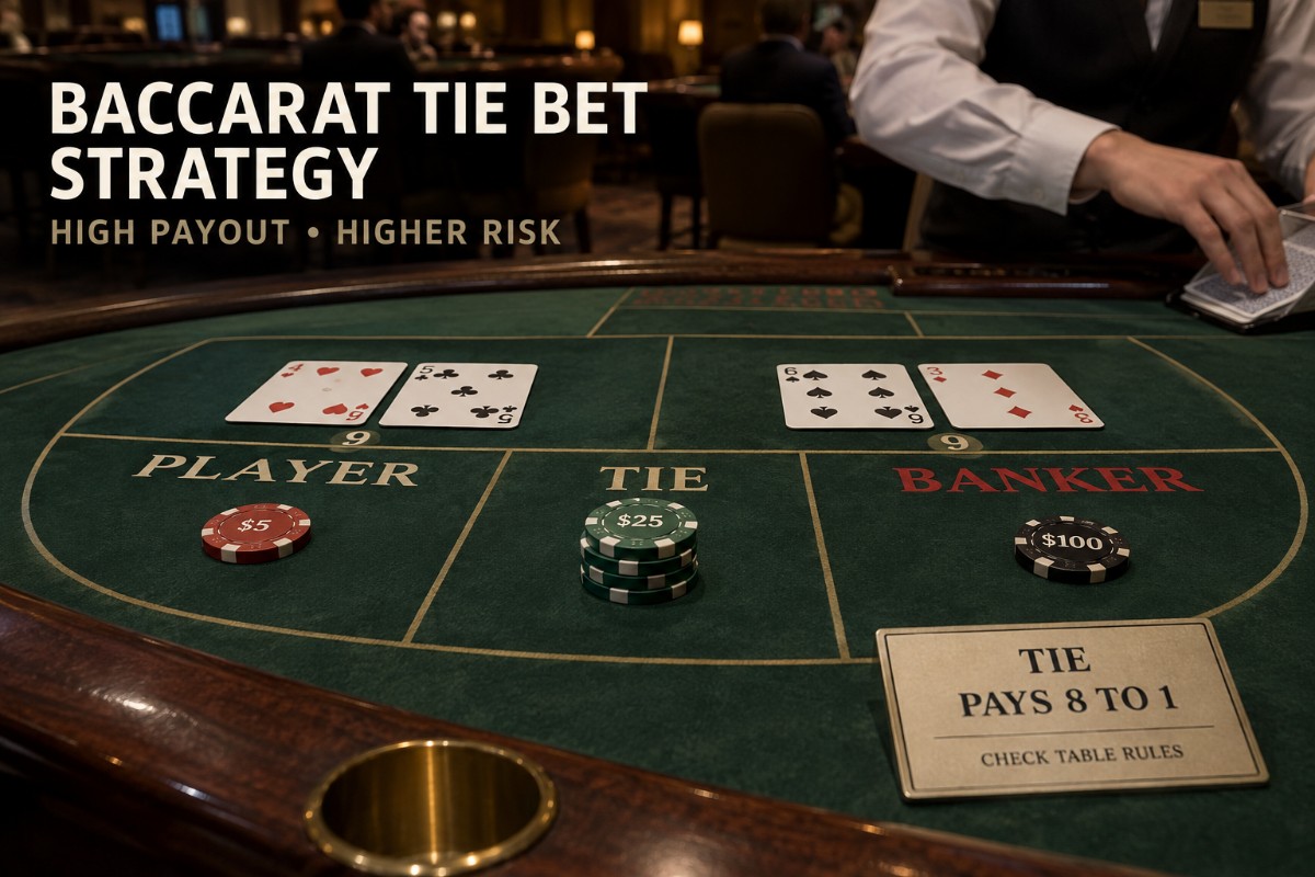 Baccarat tie bet strategy showing realistic Player Banker and Tie betting areas on a live baccarat table