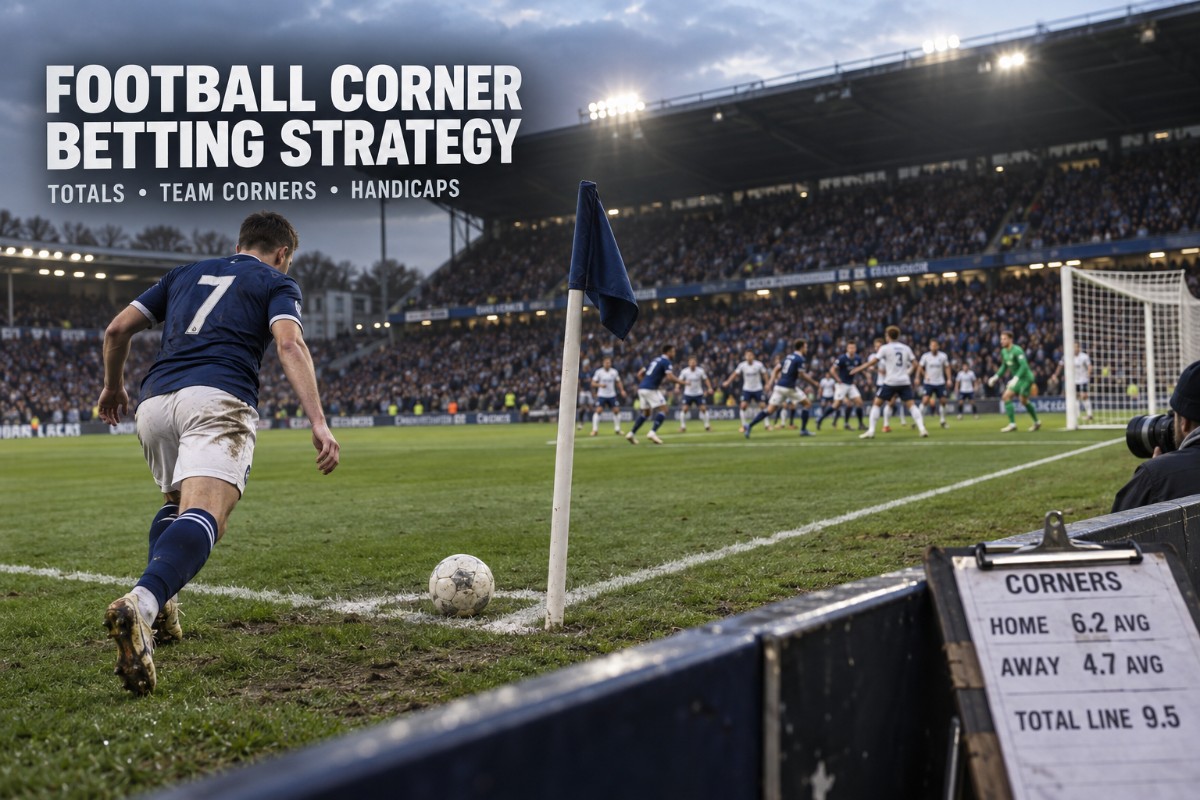 Football corner betting strategy shown with a realistic corner kick, match analysis notes and corner market information