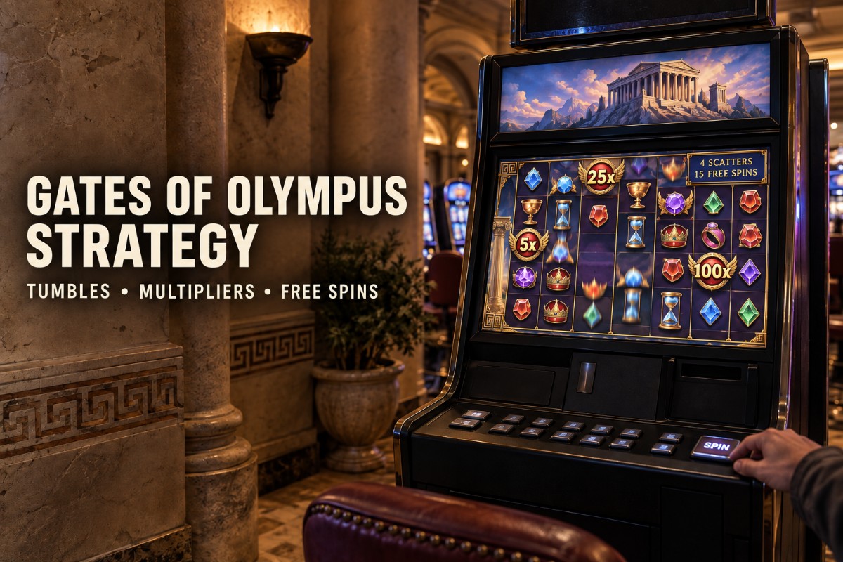 Gates of Olympus strategy shown with a realistic Greek temple slot machine, multiplier symbols and tumble feature