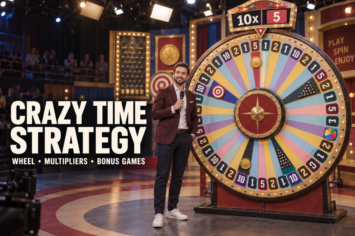 Crazy Time strategy showing a realistic game show wheel, Top Slot and four bonus game areas
