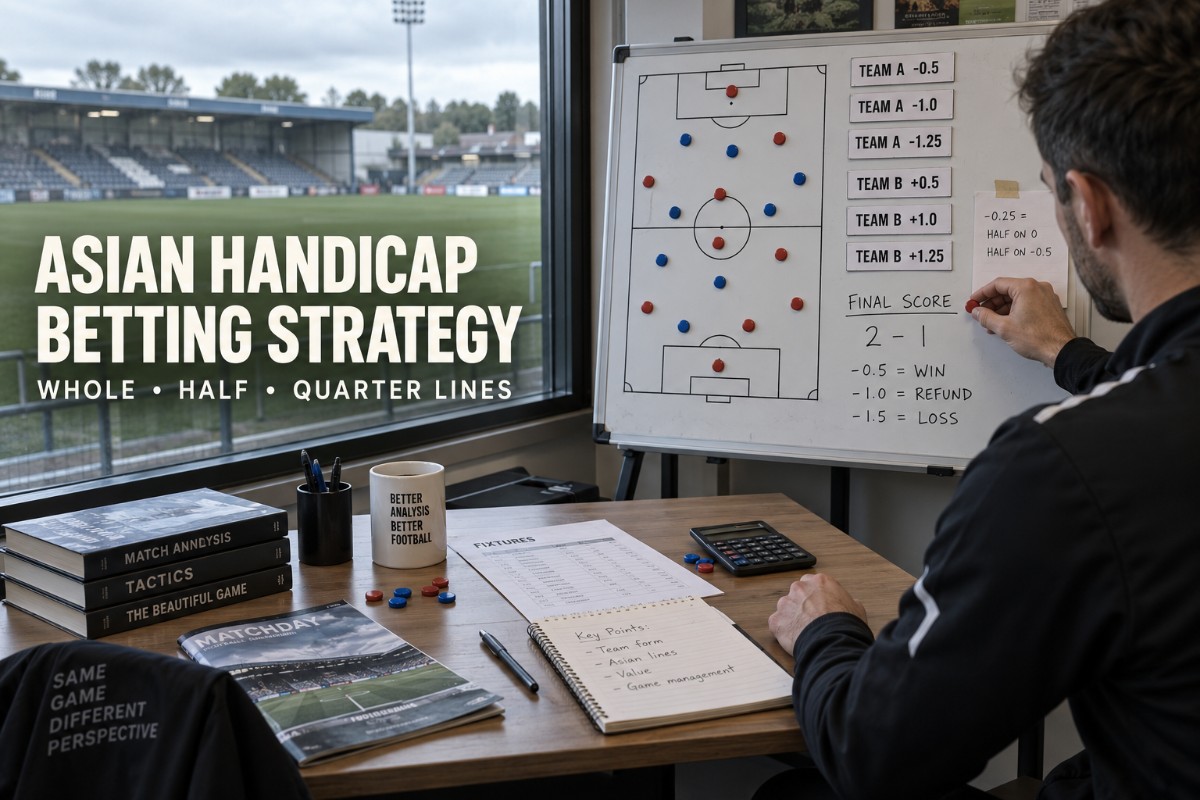Asian handicap betting strategy shown with realistic football tactics board and plus minus handicap lines