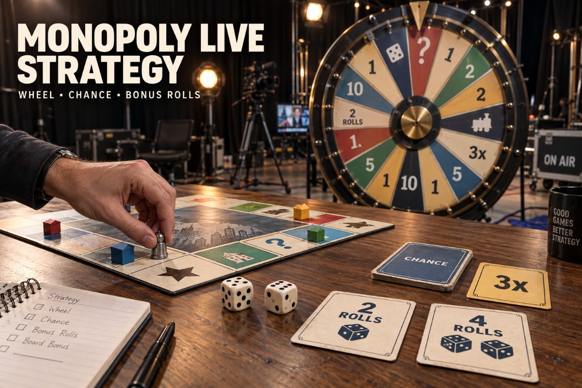 Monopoly Live strategy showing a realistic money wheel, dice bonus and physical board game set